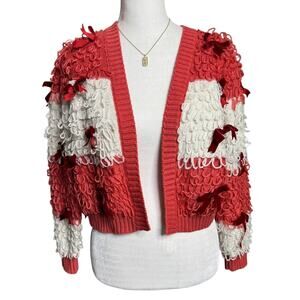 Mighty Fine Red Striped Holiday Cardigan with Red Velvet Bows Size XS